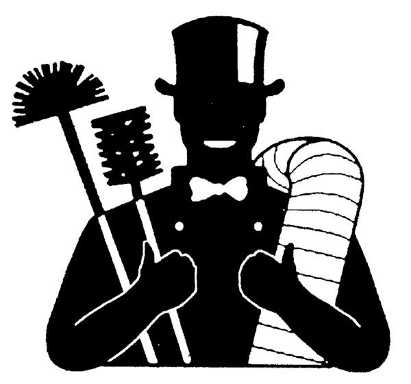 Original Photo- Company Logo-Frechette Chimney Sweeping and Lining- Sanford ME man in black top hat and white bow tie holding two chimney brushes in right hand and dryer vent pipe over left shoulder