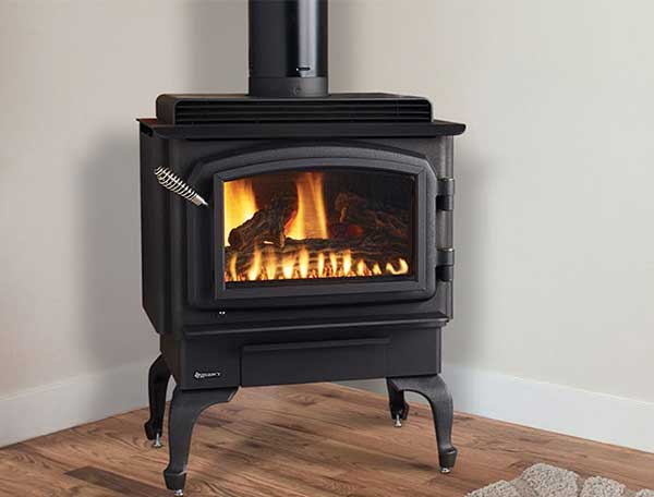 Regency Classic Gas Stove black stove with fire burning