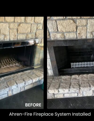 Before and after Ahren-Fire fireplace restoration system installed in a stone fireplace in Biddeford, ME.